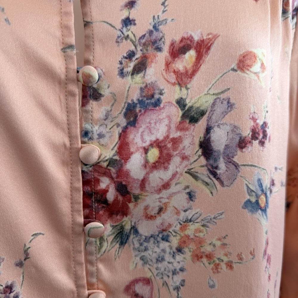 LoveShackFancy Blouse Womens Small Pink 100% Silk Floral Button Front Satin Top - Picture 6 of 16